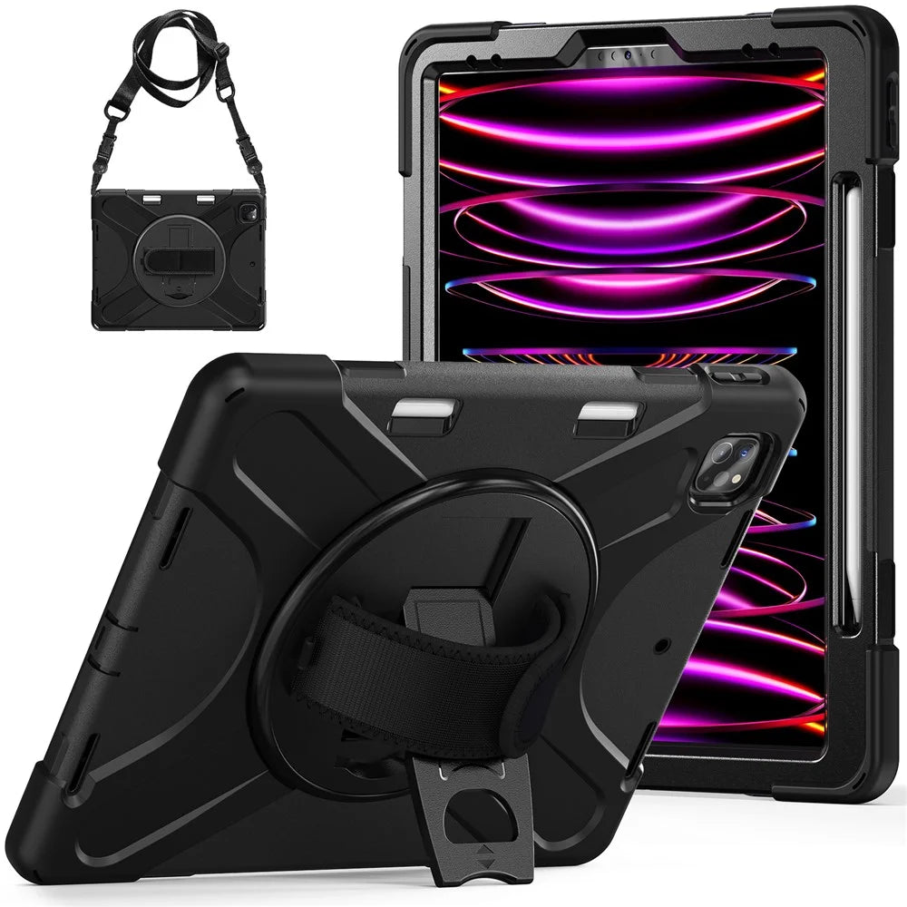 For iPad Pro 12.12.9 (2022) / (2021) / (2020) / (2018) X-Shape PC + TPU Combo Kickstand Case with Hand Strap and Shoulder Strap - All Black - 6