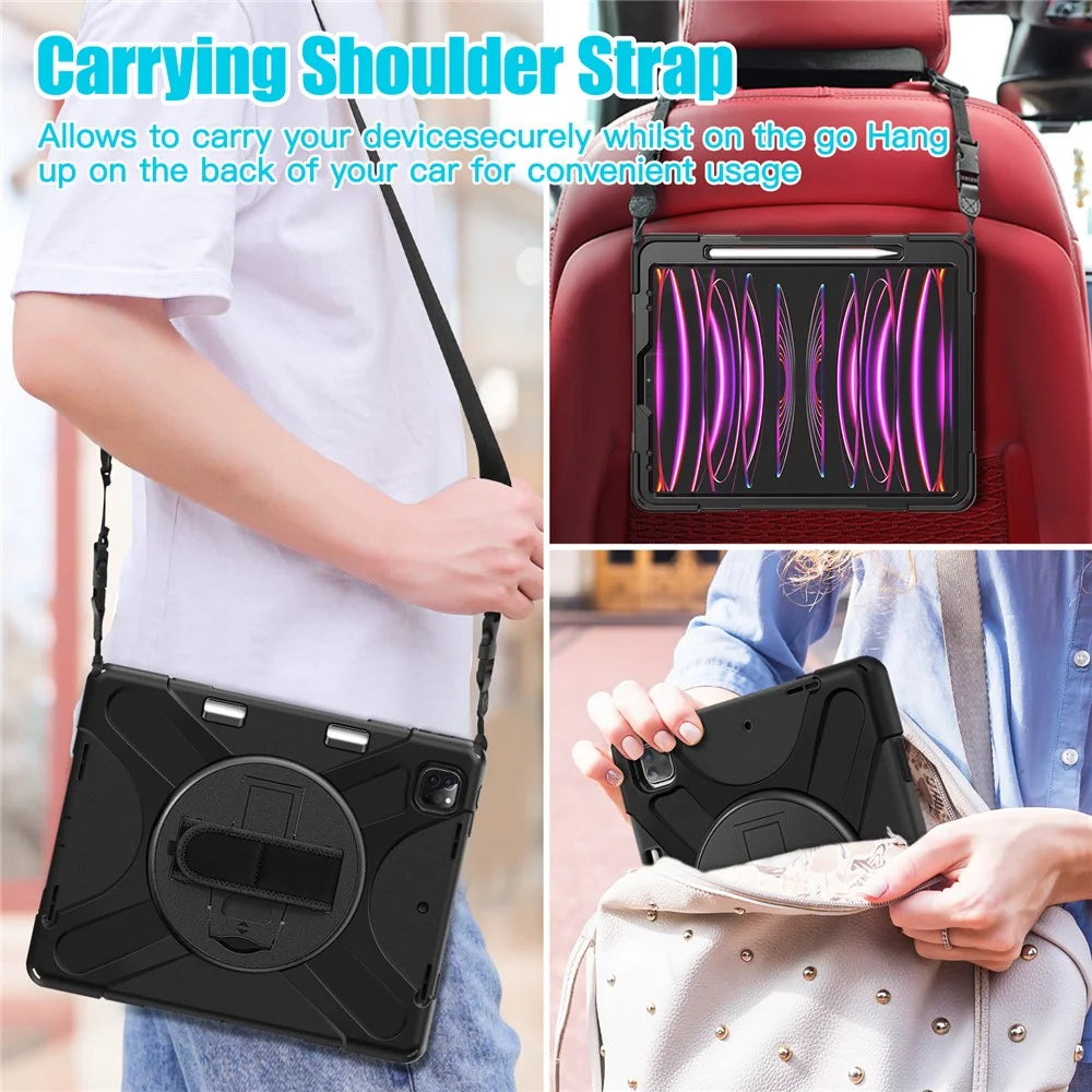 For iPad Pro 12.12.9 (2022) / (2021) / (2020) / (2018) X-Shape PC + TPU Combo Kickstand Case with Hand Strap and Shoulder Strap - All Black - 7