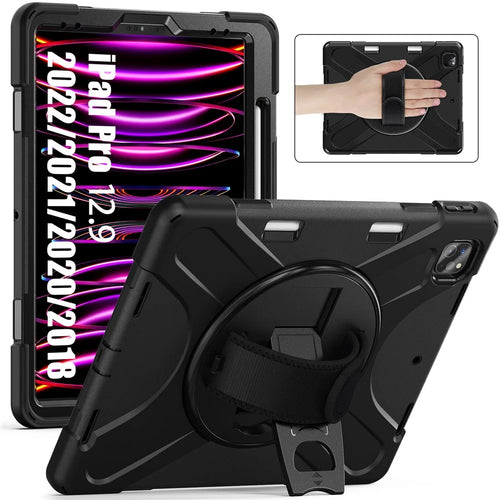 For iPad Pro 12.9-inch (2022) / (2021) / (2020) / (2018) X-Shape PC + TPU Combo Kickstand Case with Hand Strap - Black - 1