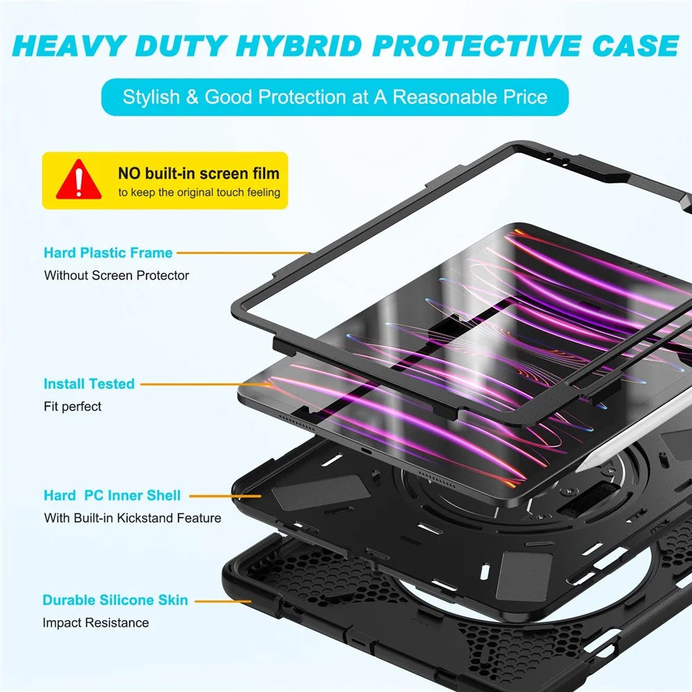For iPad Pro 12.9-inch (2022) / (2021) / (2020) / (2018) X-Shape PC + TPU Combo Kickstand Case with Hand Strap - Black - 2