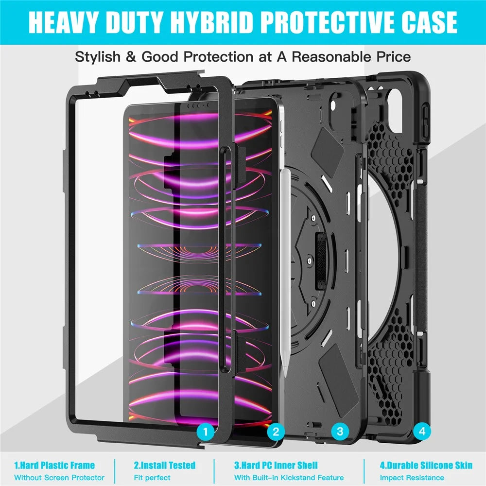 For iPad Pro 12.9-inch (2022) / (2021) / (2020) / (2018) X-Shape PC + TPU Combo Kickstand Case with Hand Strap - Black - 3