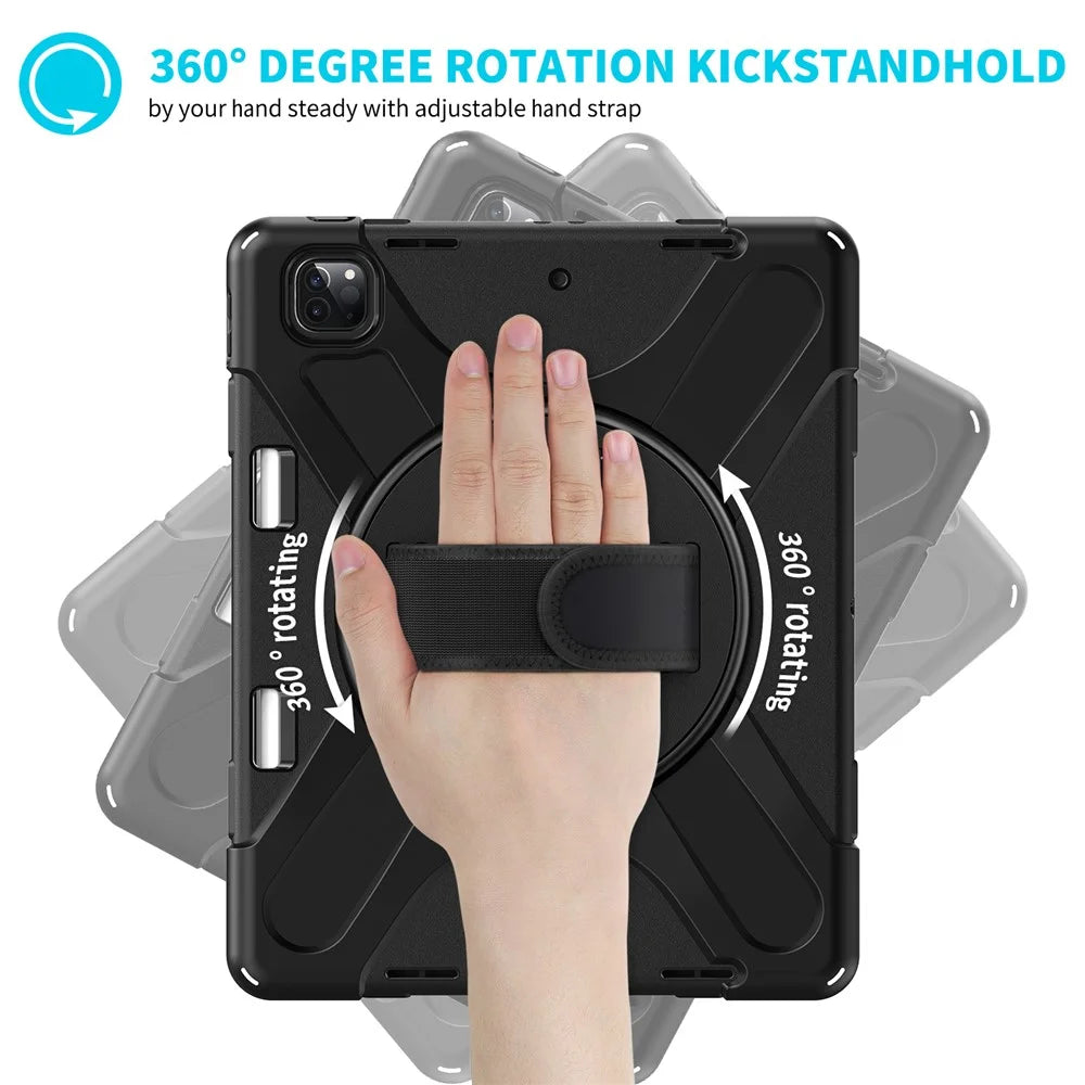 For iPad Pro 12.9-inch (2022) / (2021) / (2020) / (2018) X-Shape PC + TPU Combo Kickstand Case with Hand Strap - Black - 6