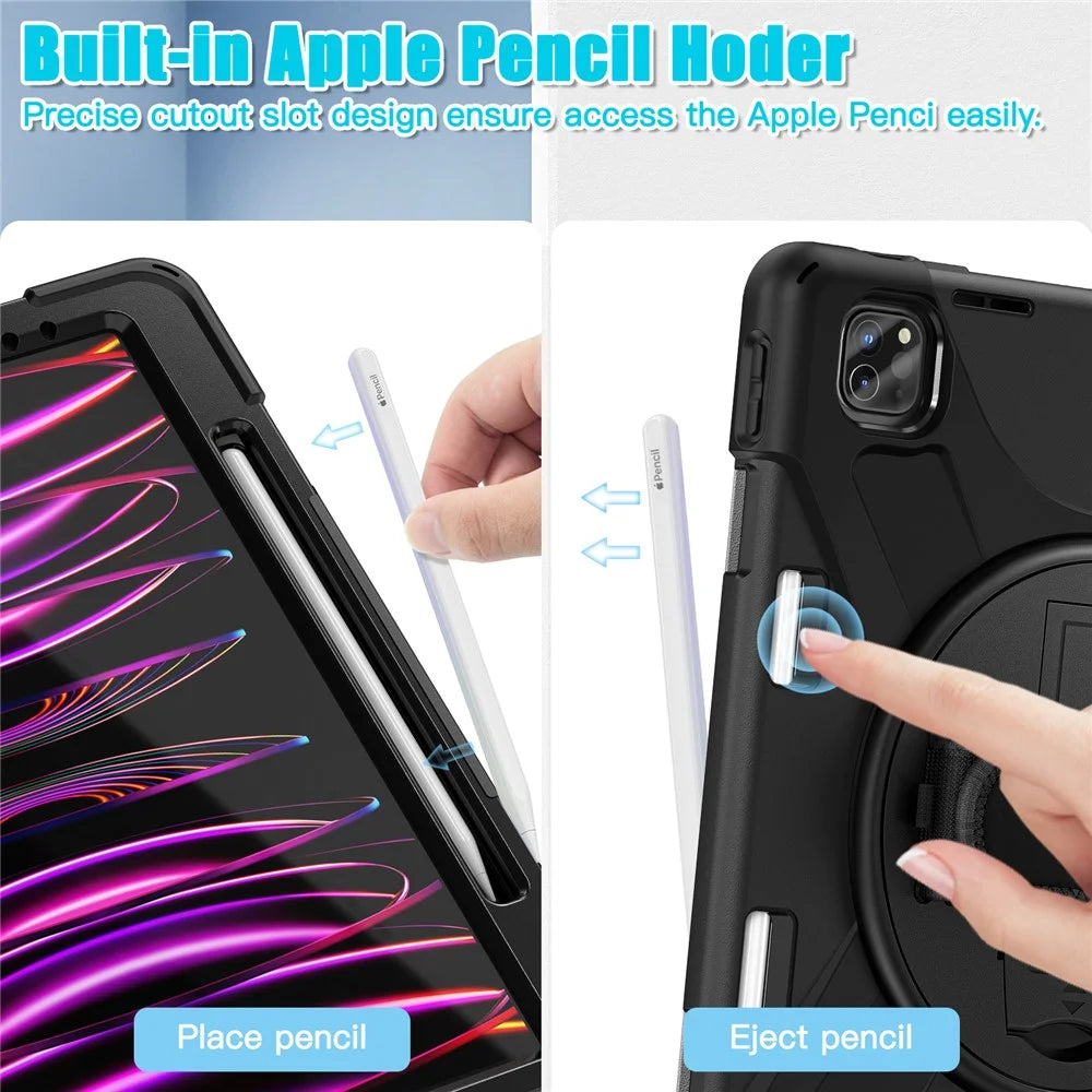 For iPad Pro 12.9-inch (2022) / (2021) / (2020) / (2018) X-Shape PC + TPU Combo Kickstand Case with Hand Strap - Black - 7