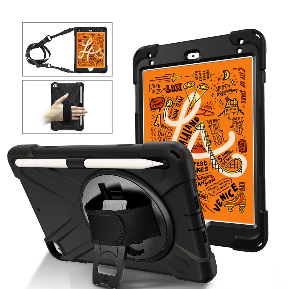 [X-Shape] PC + TPU 360-degree Swivel Kickstand Case with Hand Strap for iPad mini (2019) 7.9 inch / mini 4 - Black - 1