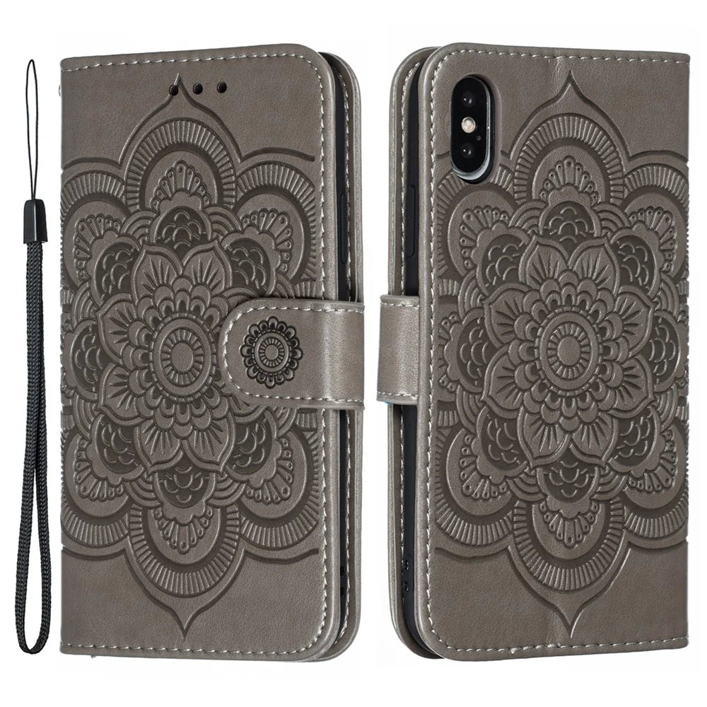 Imprint Mandala Flower Leather Wallet Case Phone Cover for iPhone X/XS with Photo Slot - Grey - 1