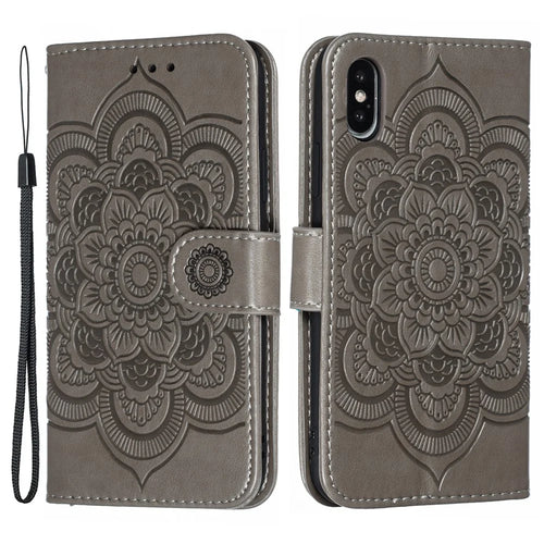 Imprint Mandala Flower Leather Wallet Case Phone Cover for iPhone X/XS with Photo Slot - Grey - 1