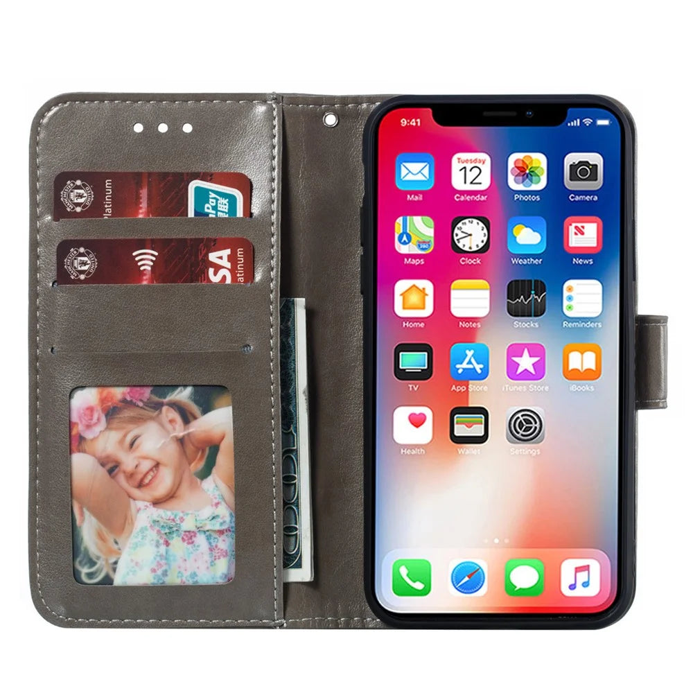 Imprint Mandala Flower Leather Wallet Case Phone Cover for iPhone X/XS with Photo Slot - Grey - 2
