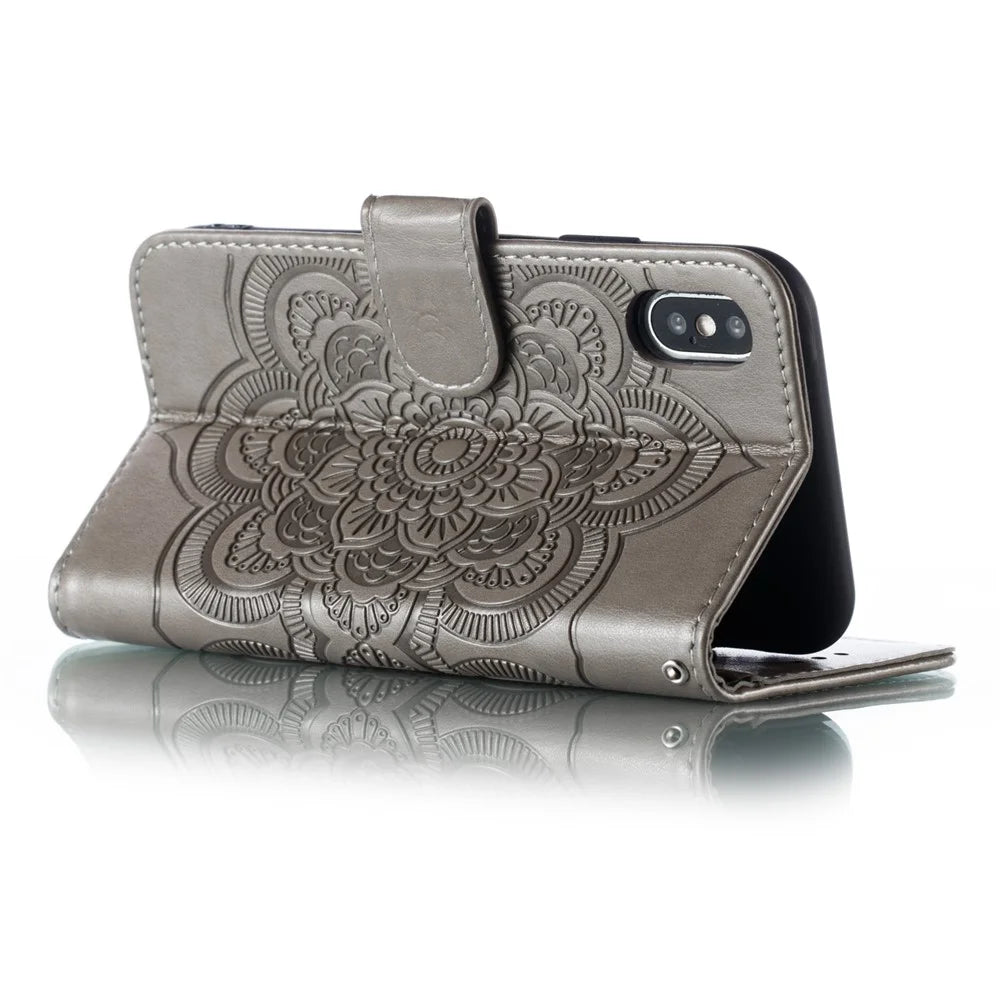 Imprint Mandala Flower Leather Wallet Case Phone Cover for iPhone X/XS with Photo Slot - Grey - 3