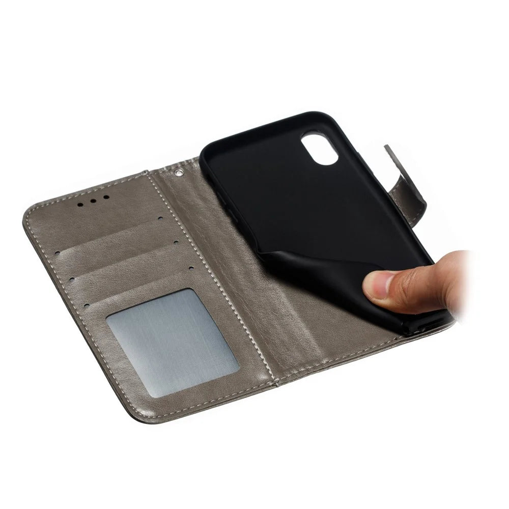 Imprint Mandala Flower Leather Wallet Case Phone Cover for iPhone X/XS with Photo Slot - Grey - 5