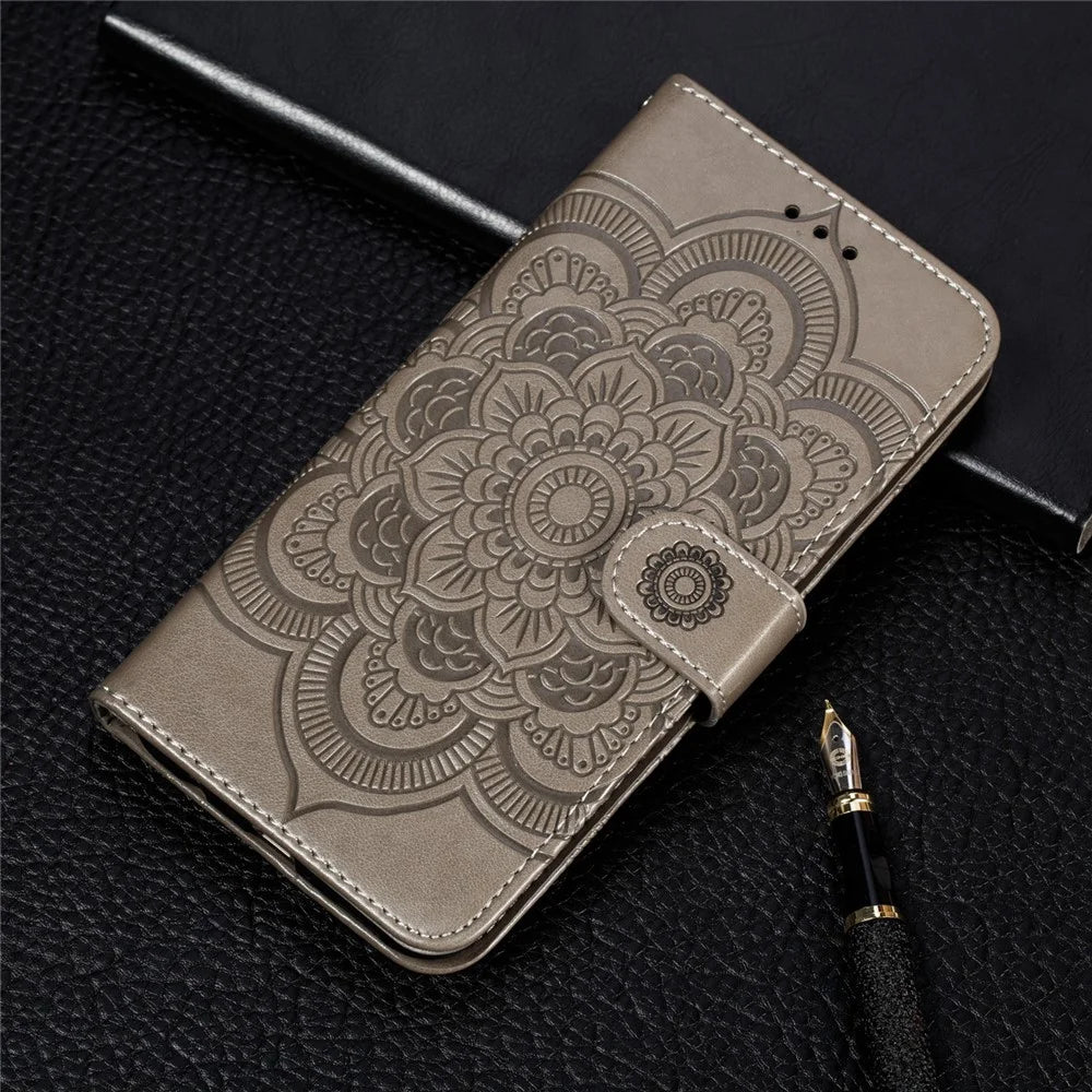 Imprint Mandala Flower Leather Wallet Case Phone Cover for iPhone X/XS with Photo Slot - Grey - 6