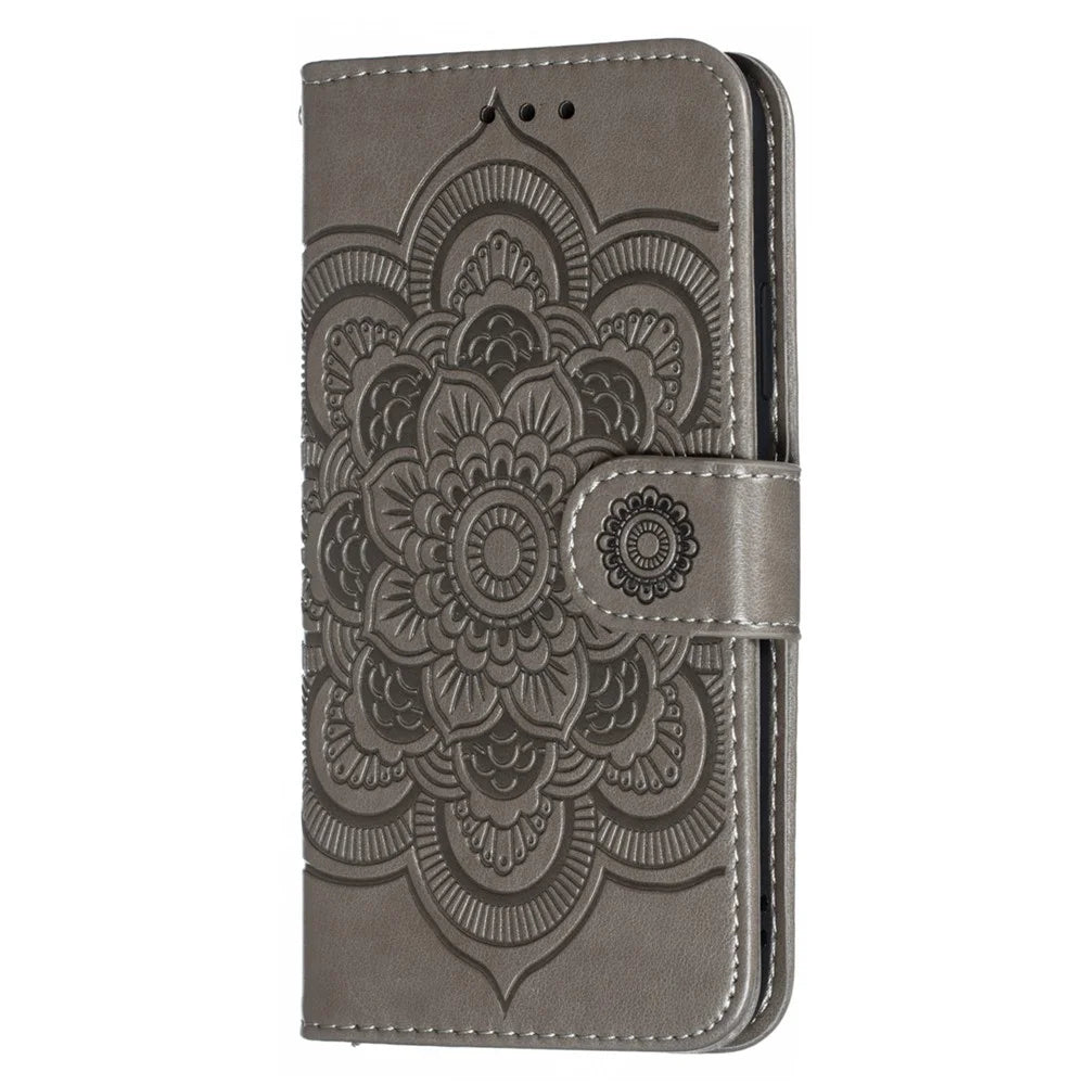 Imprint Mandala Flower Leather Wallet Case Phone Cover for iPhone X/XS with Photo Slot - Grey - 7