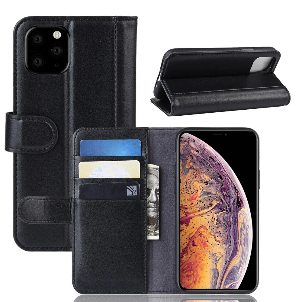 For iPhone 11 Pro Max Phone Cases Genuine Split Leather Wallet Mobile Cover Stand - Black - 1