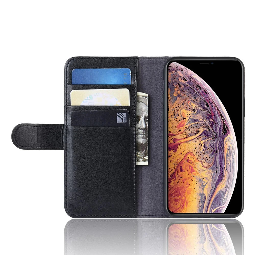 For iPhone 11 Pro Max Phone Cases Genuine Split Leather Wallet Mobile Cover Stand - Black - 5