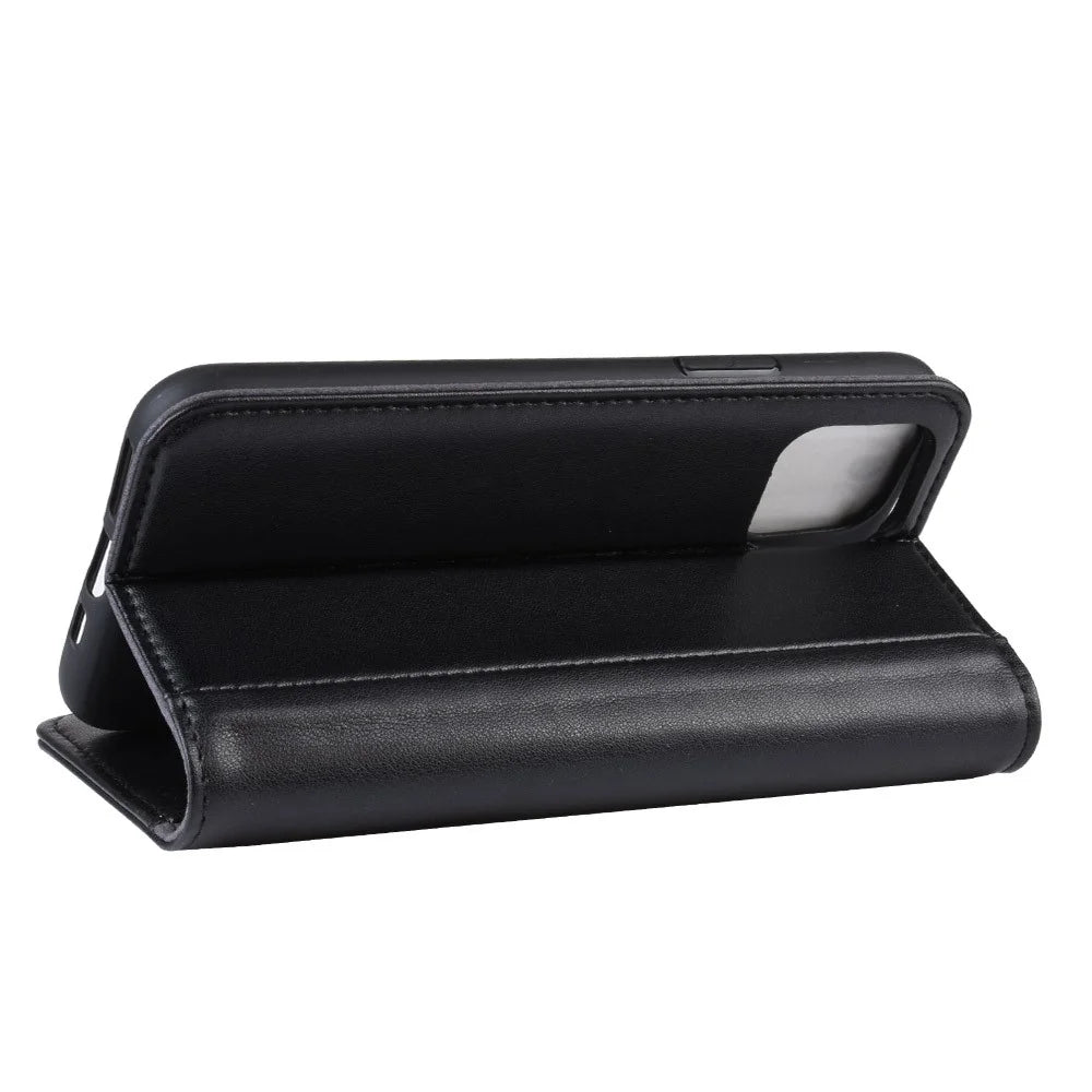 For iPhone 11 Pro Max Phone Cases Genuine Split Leather Wallet Mobile Cover Stand - Black - 6