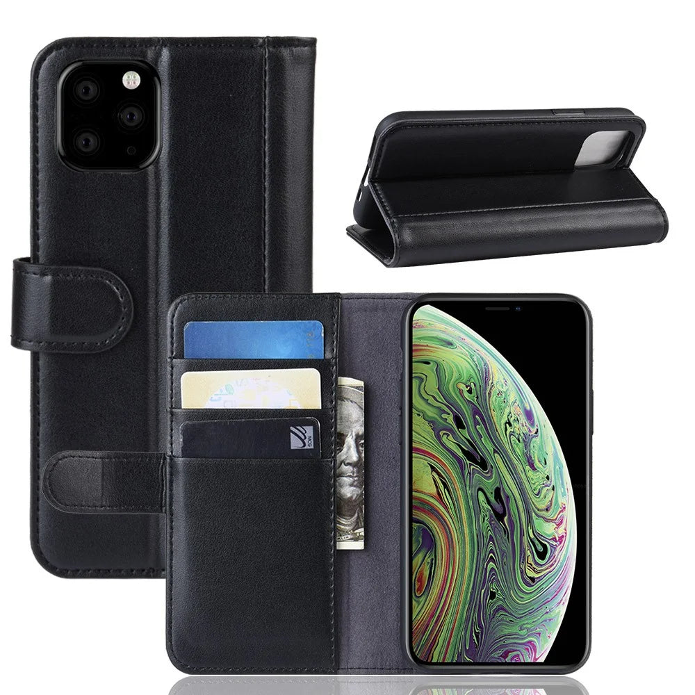 For iPhone 11 Pro Phone Cases Genuine Split Leather Wallet Mobile Cover Stand - Black - 1