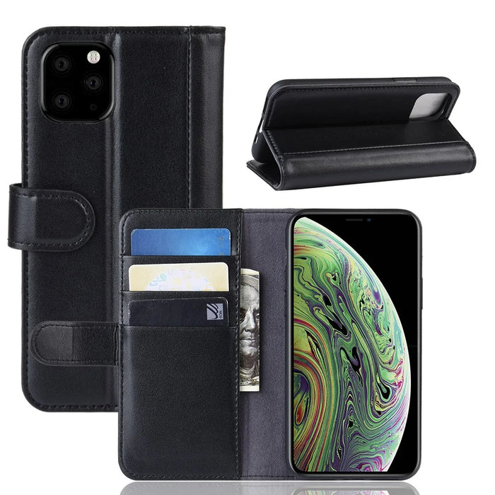 For iPhone 11 Pro Phone Cases Genuine Split Leather Wallet Mobile Cover Stand - Black - 1