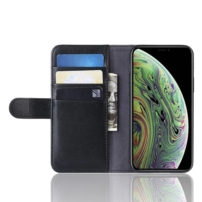 For iPhone 11 Pro Phone Cases Genuine Split Leather Wallet Mobile Cover Stand - Black - 5