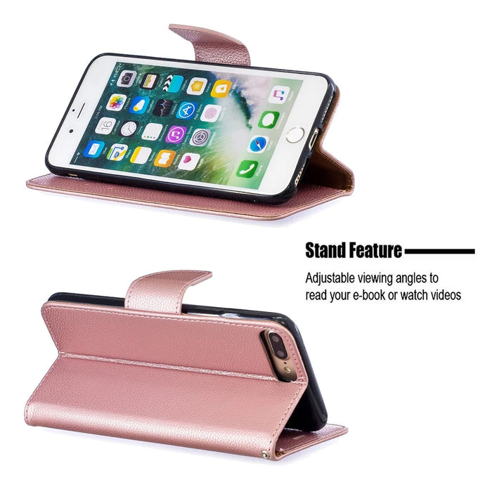 Litchi Skin Leather Wallet Case for iPhone 8 Plus / 7 Plus - Rose Gold - 5