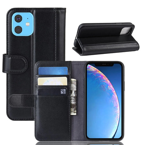 For iPhone 11 Phone Cases Genuine Split Leather Wallet Mobile Cover Stand - Black - 1
