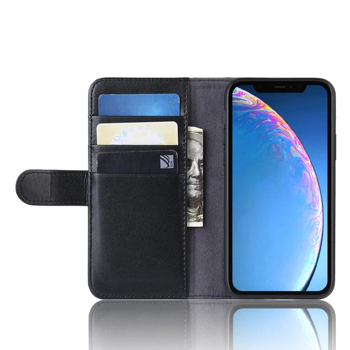 For iPhone 11 Phone Cases Genuine Split Leather Wallet Mobile Cover Stand - Black - 5