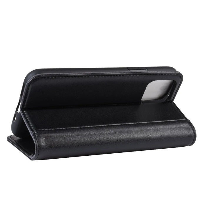 For iPhone 11 Phone Cases Genuine Split Leather Wallet Mobile Cover Stand - Black - 6