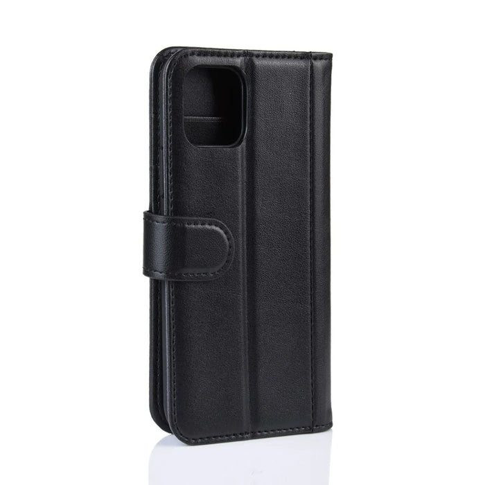 For iPhone 11 Phone Cases Genuine Split Leather Wallet Mobile Cover Stand - Black - 7