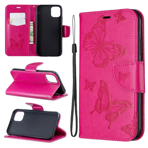 Imprint Butterfly Leather Wallet Phone Casing for iPhone 11 6.1 inch (2019) - Rose - 1