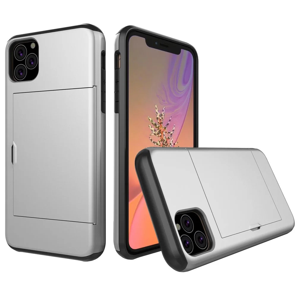 For iPhone 11 6.1 inch (2019) Plastic  + TPU Hybrid Case with Card Slot Phone Shell - Silver - 1