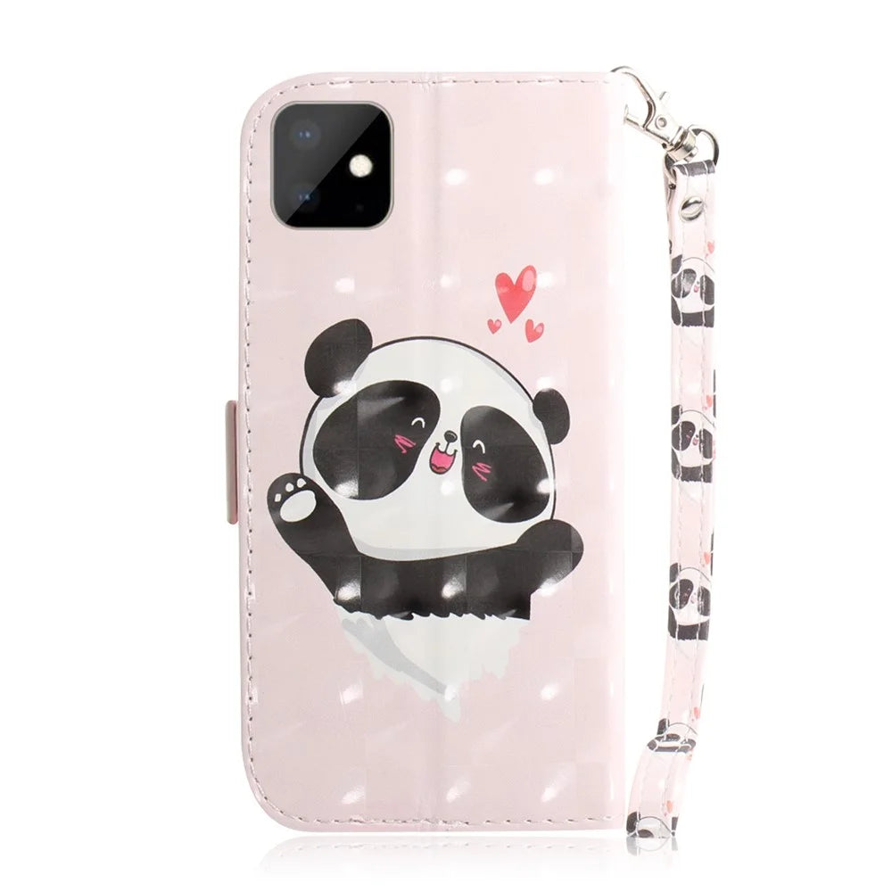 Pattern Printing Light Spot Decor Leather Wallet Casing for iPhone 11 6.1 inch (2019) - Panda and Hearts - 3