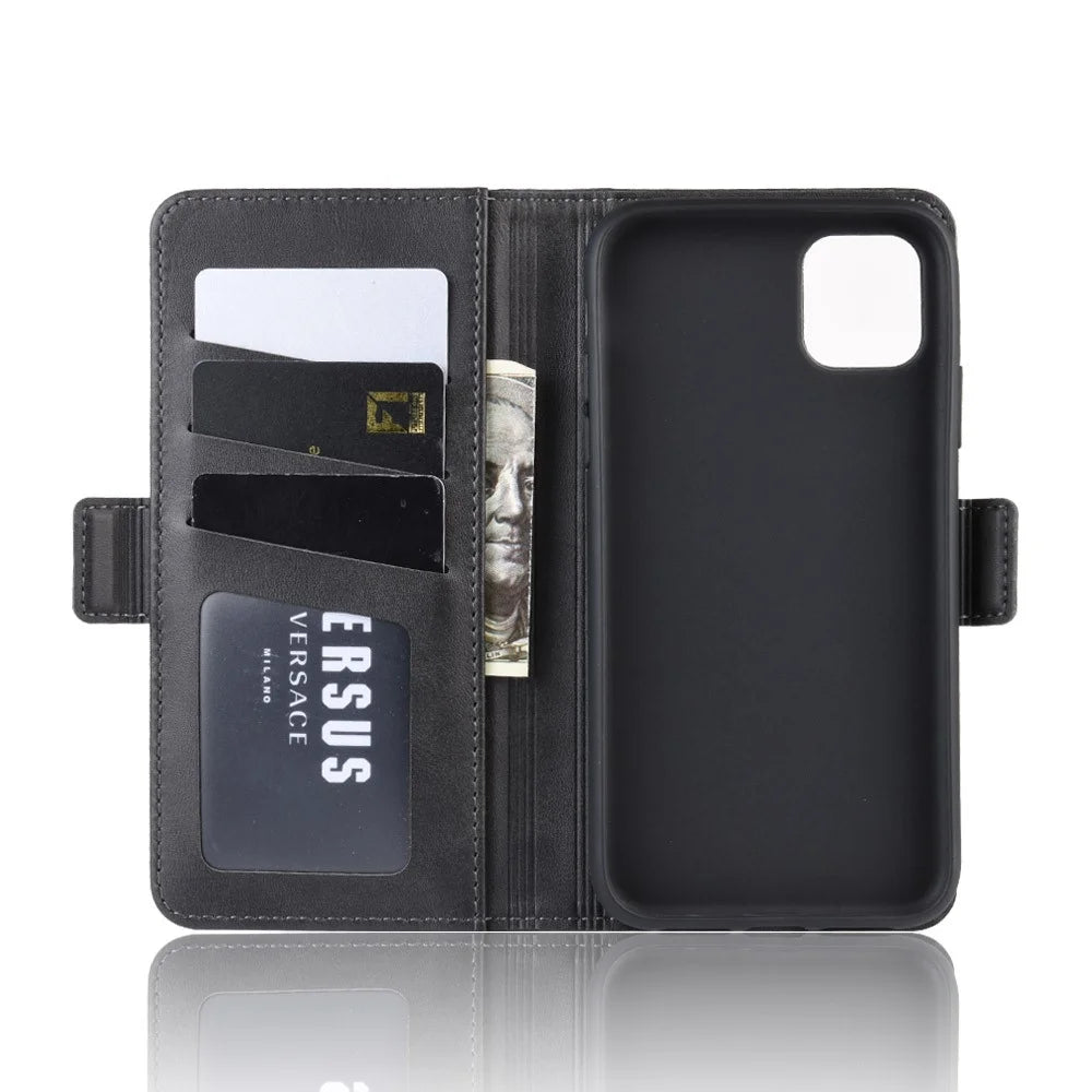 For iPhone 11 Case Calf Texture Leather Wallet Stand Phone Cover - Black - 3