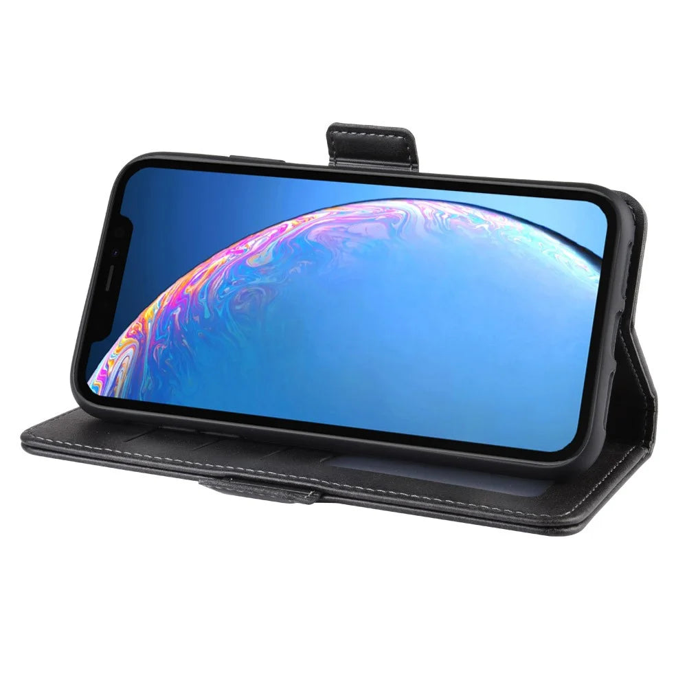 For iPhone 11 Case Calf Texture Leather Wallet Stand Phone Cover - Black - 5