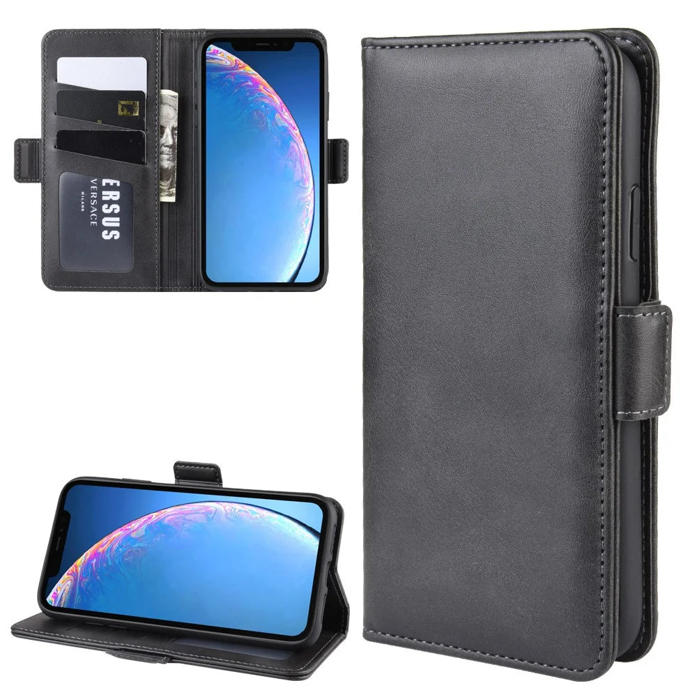 For iPhone 11 Case Calf Texture Leather Wallet Stand Phone Cover - Black - 6