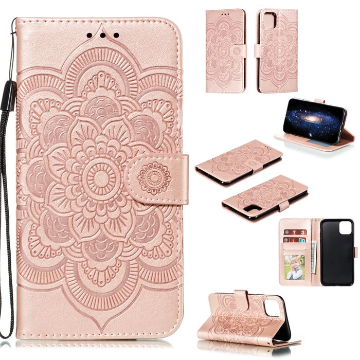 Imprinted Sun Mandala Flower Pattern Leather Wallet Shell for iPhone 11 Pro Max 6.5 inch (2019) - Rose Gold - 1