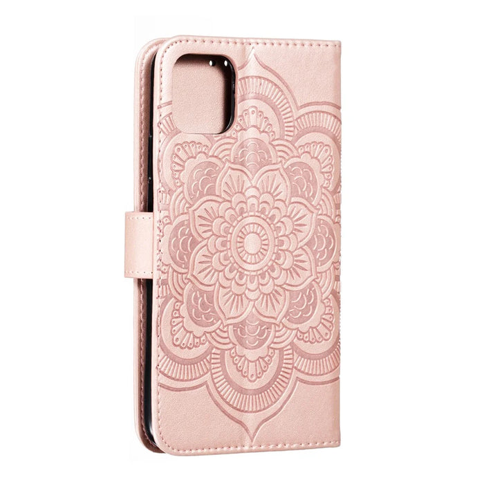 Imprinted Sun Mandala Flower Pattern Leather Wallet Shell for iPhone 11 Pro Max 6.5 inch (2019) - Rose Gold - 4