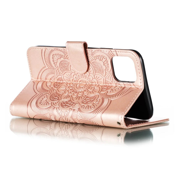 Imprinted Sun Mandala Flower Pattern Leather Wallet Shell for iPhone 11 Pro Max 6.5 inch (2019) - Rose Gold - 5