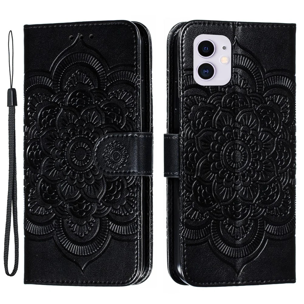 Imprinted Sun Mandala Flower Pattern Leather Wallet Casing for iPhone 11 6.1 inch (2019) - Black - 1