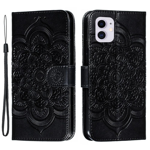 Imprinted Sun Mandala Flower Pattern Leather Wallet Casing for iPhone 11 6.1 inch (2019) - Black - 1