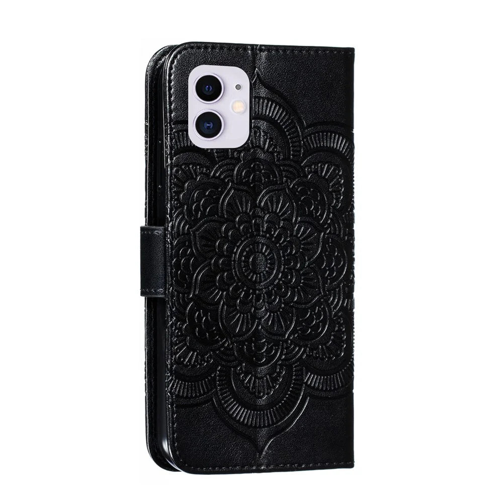 Imprinted Sun Mandala Flower Pattern Leather Wallet Casing for iPhone 11 6.1 inch (2019) - Black - 3