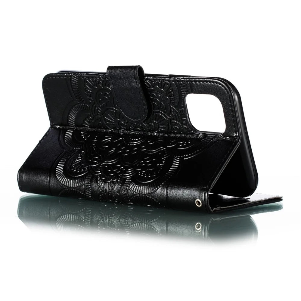 Imprinted Sun Mandala Flower Pattern Leather Wallet Casing for iPhone 11 6.1 inch (2019) - Black - 6