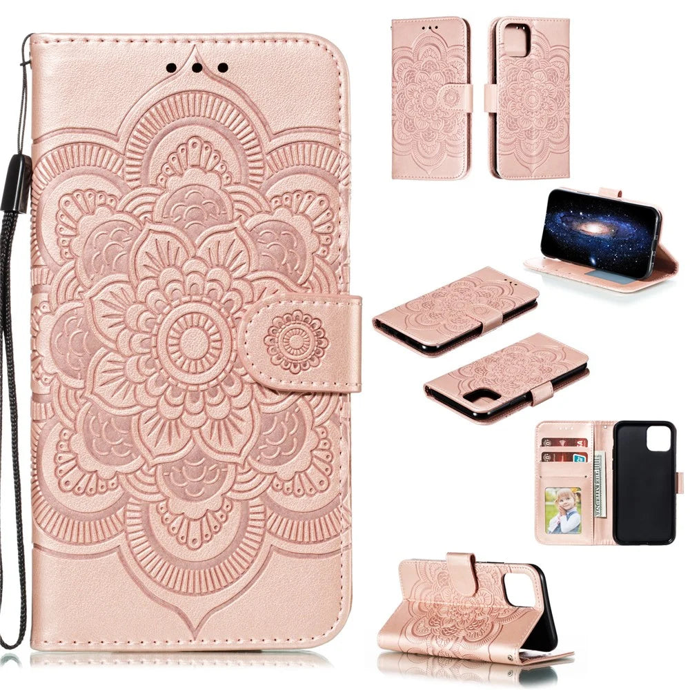 Imprinted Sun Mandala Flower Pattern Leather Wallet Phone Case for iPhone 11 Pro 5.8 inch (2019) - Rose - 1