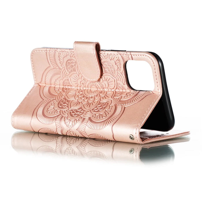 Imprinted Sun Mandala Flower Pattern Leather Wallet Phone Case for iPhone 11 Pro 5.8 inch (2019) - Rose - 5