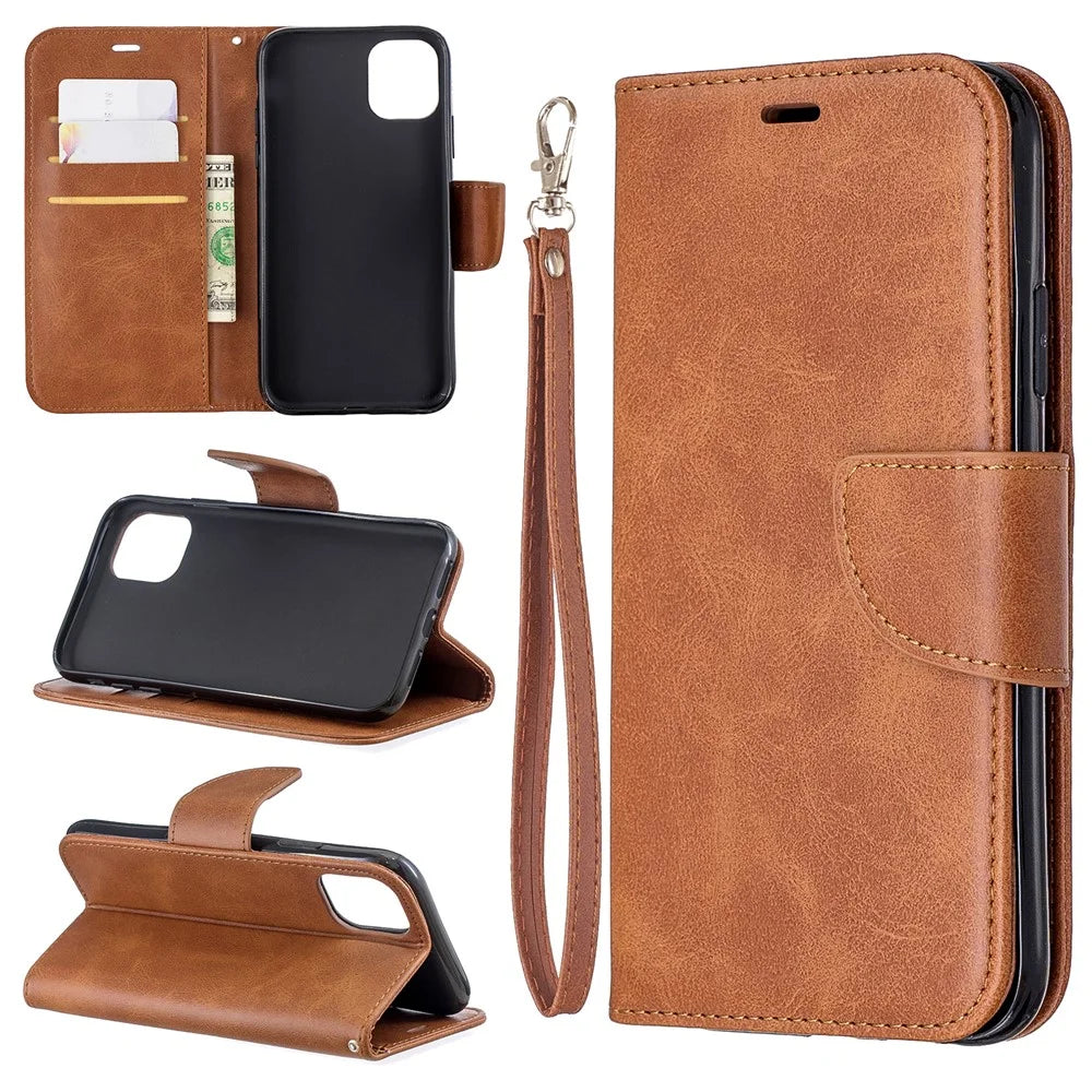 Solid Color PU Leather Wallet Stand Phone Shell for iPhone 11 6.1 inch (2019) - Brown - 1