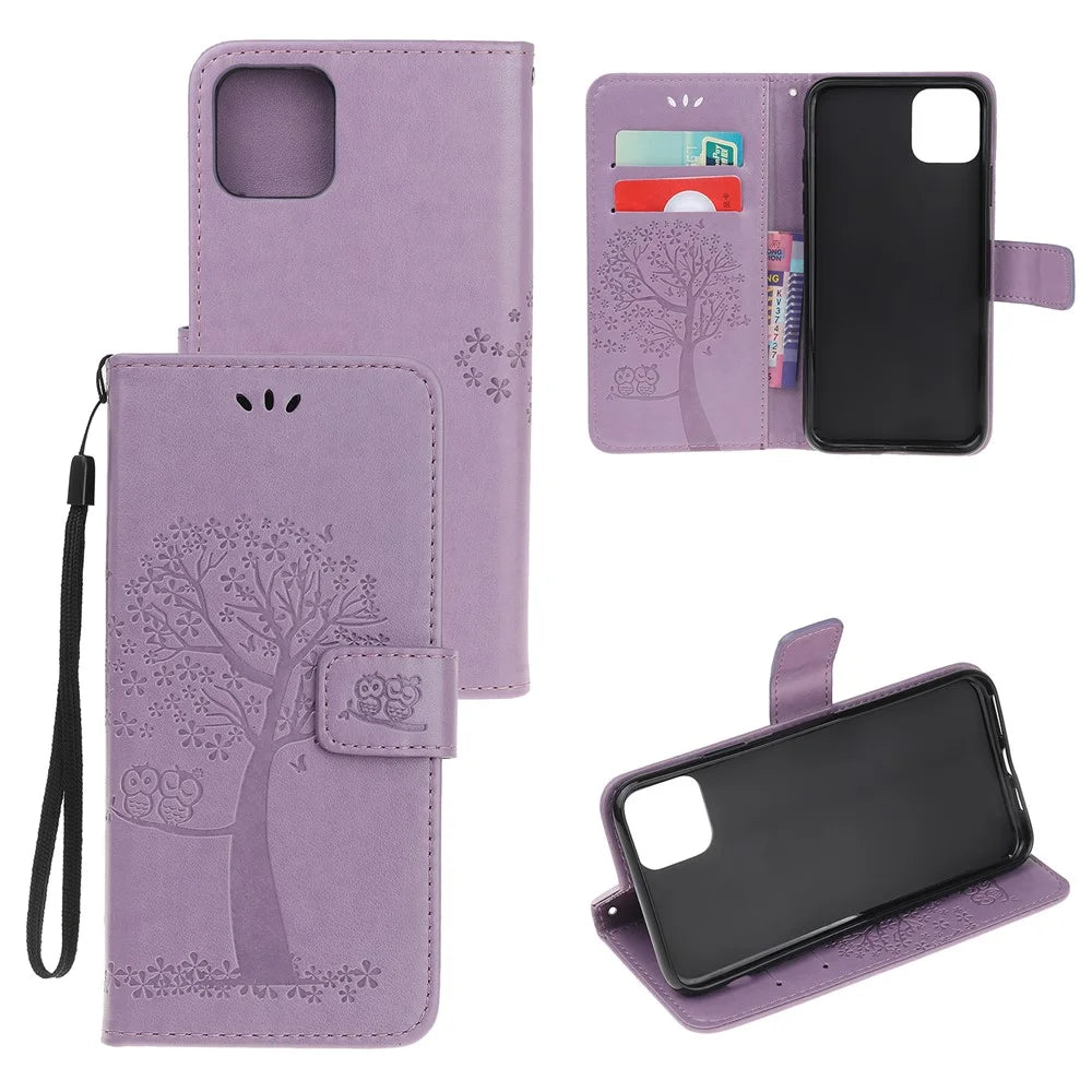 Imprint Tree Owl Leather Wallet Case for iPhone 11 Pro 5.8 inch (2019) - Light Purple - 1
