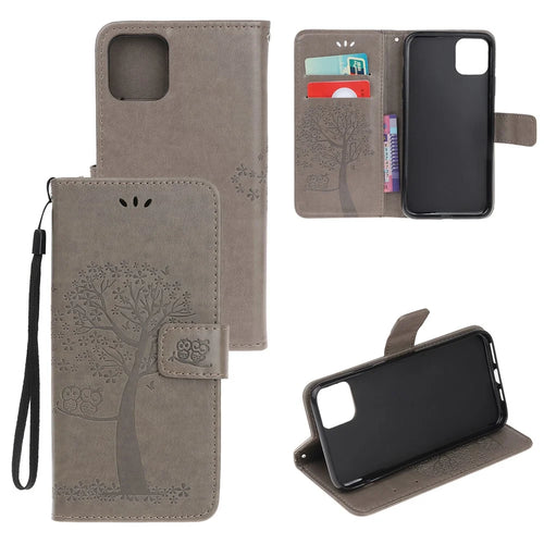 Imprint Tree Owl Leather Wallet Case for iPhone 11 6.1 inch (2019) - Grey - 1