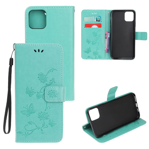 Imprint Butterfly Flowers Leather Wallet Phone Case for iPhone 11 6.1 inch (2019) - Cyan - 1