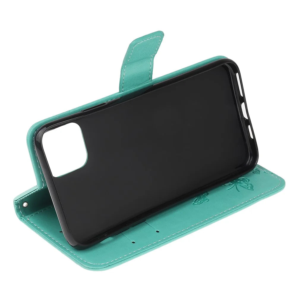 Imprint Butterfly Flowers Leather Wallet Phone Case for iPhone 11 6.1 inch (2019) - Cyan - 5