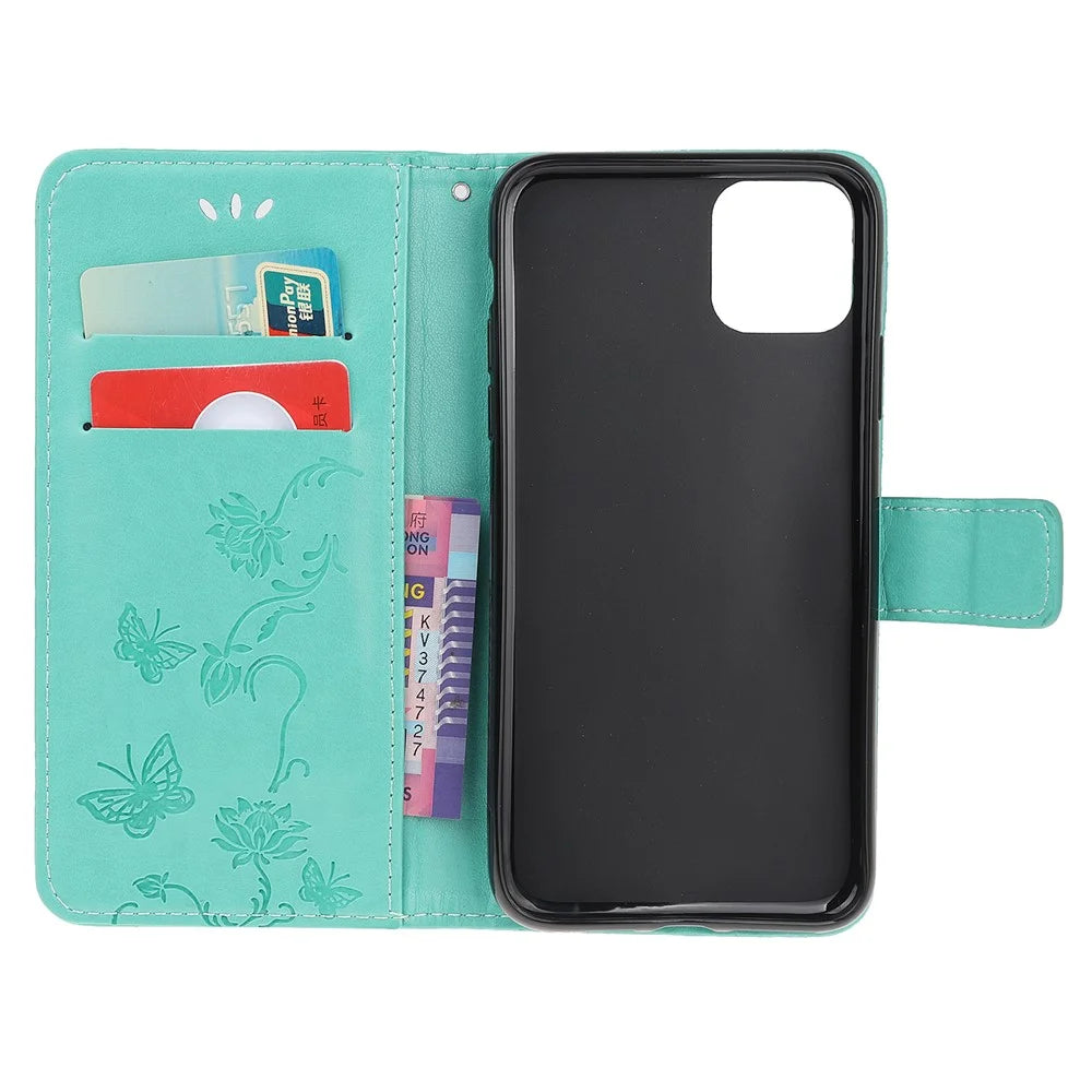 Imprint Butterfly Flowers Leather Wallet Phone Case for iPhone 11 6.1 inch (2019) - Cyan - 6