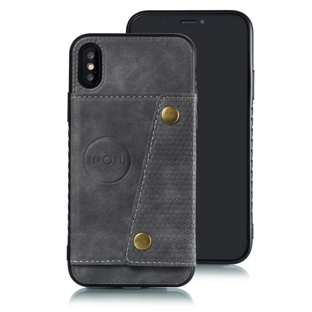 Kickstand Card Holder PU Leather Coated TPU Phone Shell Casing for iPhone X / XS 5.8 inch - Grey - 2