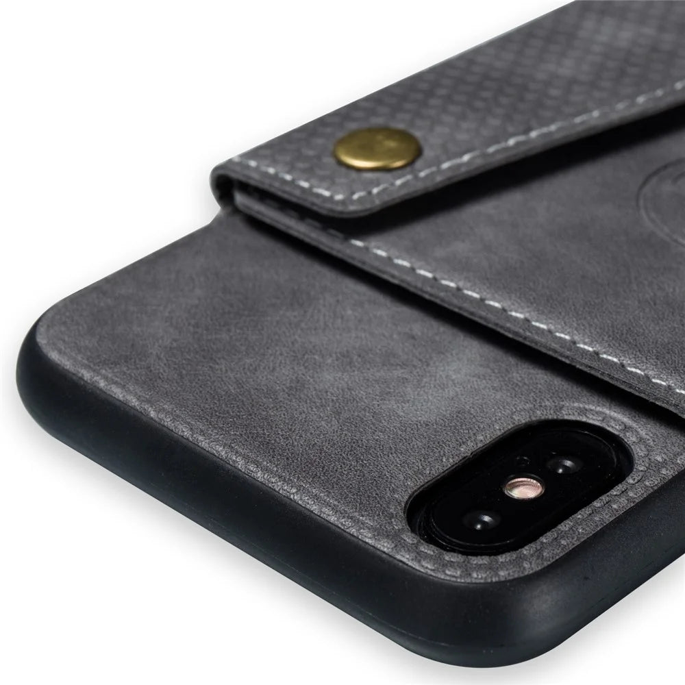 Kickstand Card Holder PU Leather Coated TPU Phone Shell Casing for iPhone X / XS 5.8 inch - Grey - 3