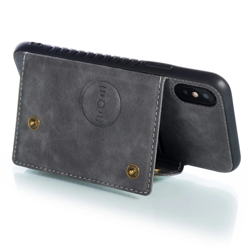 Kickstand Card Holder PU Leather Coated TPU Phone Shell Casing for iPhone X / XS 5.8 inch - Grey - 5